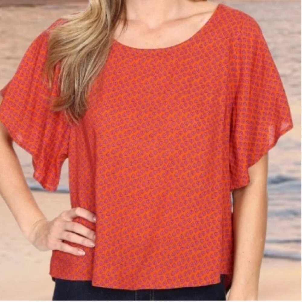 Prana Emmi Oversized Orange with Purple Leaf Pattern Blouse Top Size M Gorpcore